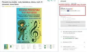 Okładka książki "Znane piosenki na ukulele" z nutami, tabulaturą i słowami. Ilustracja muzyka grającego na ukulele.