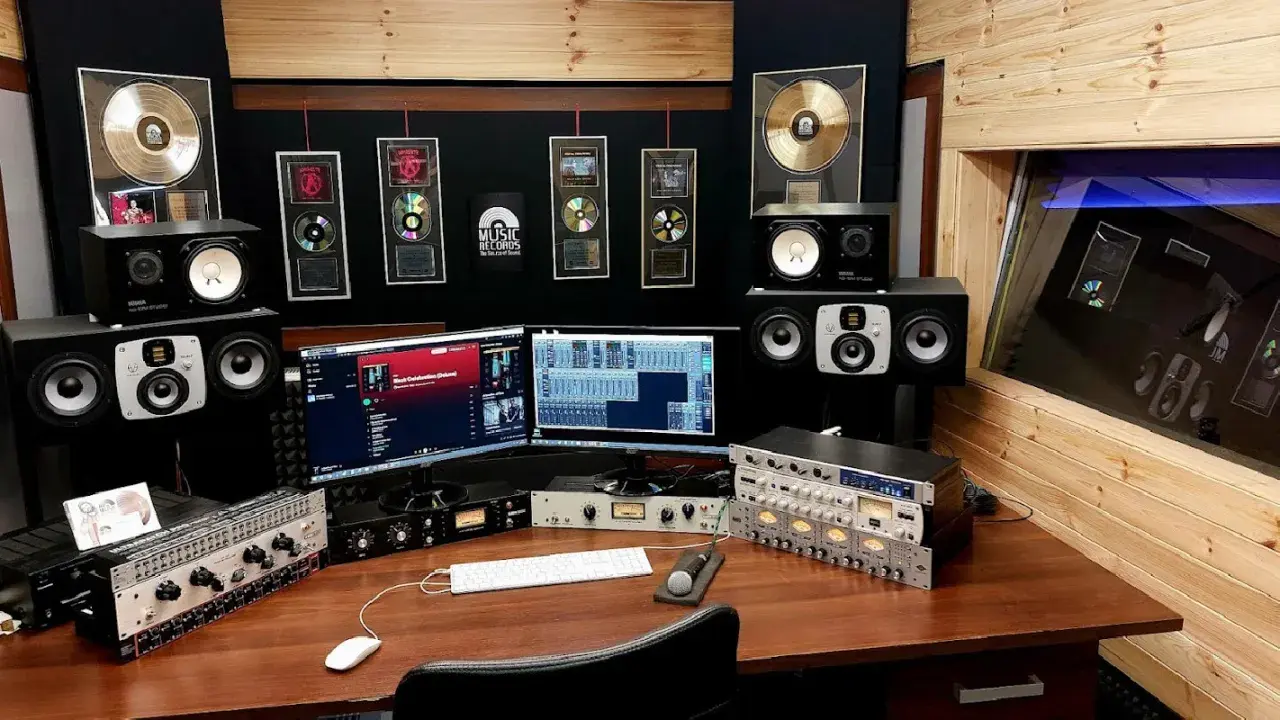 Profesjonalne studio nagrań z monitorami, sprzętem audio i złotymi płytami na ścianie.