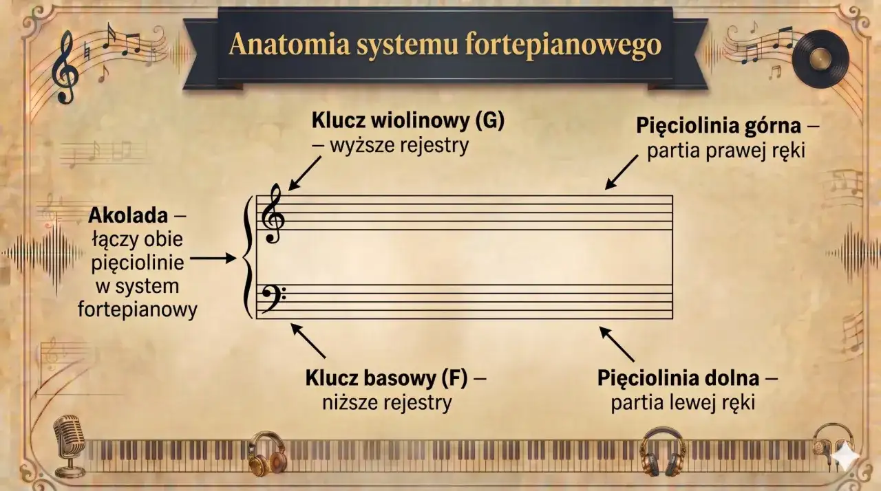 Klucz wiolinowy i basowy na pięcioliniach, połączone akoladą, tworzą system fortepianowy.